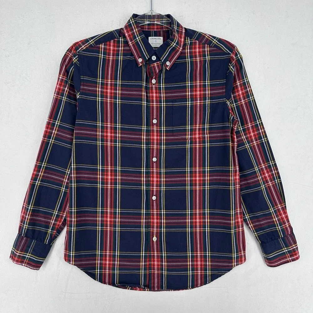 Crewcuts J Crew Button‎ Down Shirt Boys Size 12 Navy Blue Plaid Long Sleeve